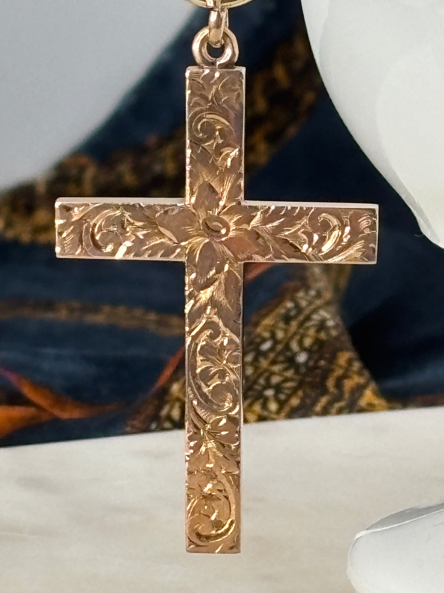 Antique Floral Engraved Cross Pendant
