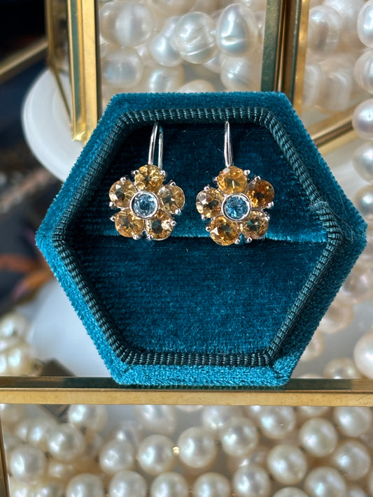 Citrine and Blue Topaz Flower Earrings