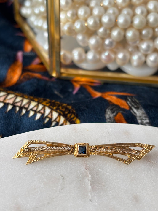 Skinny Bow Sapphire & Gold Brooch