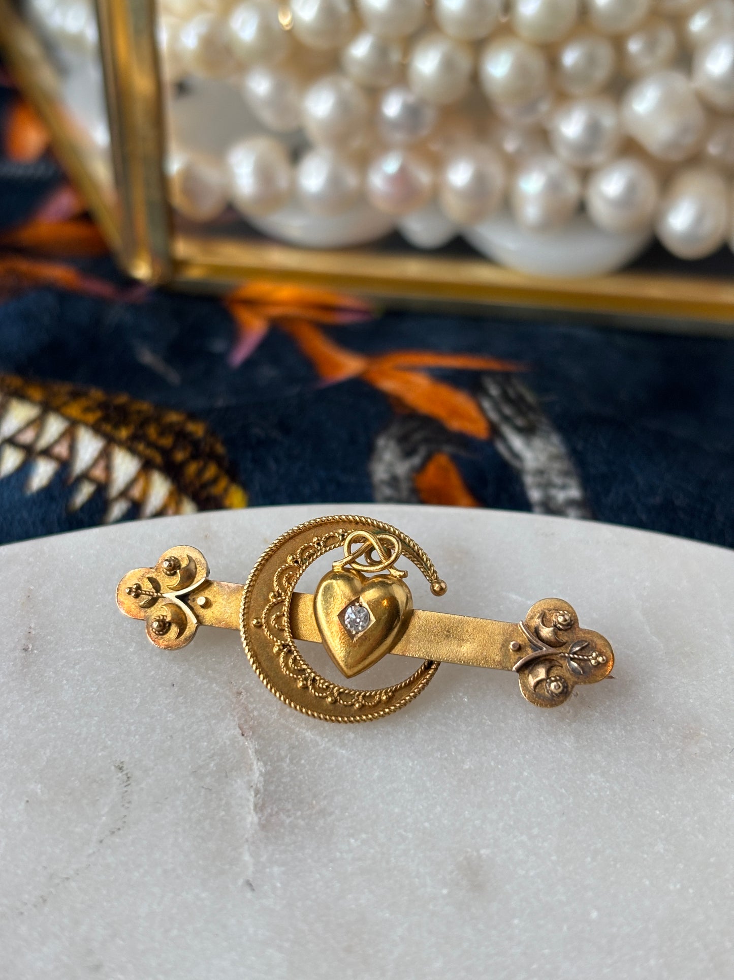 Antique Crescent & Heart Brooch